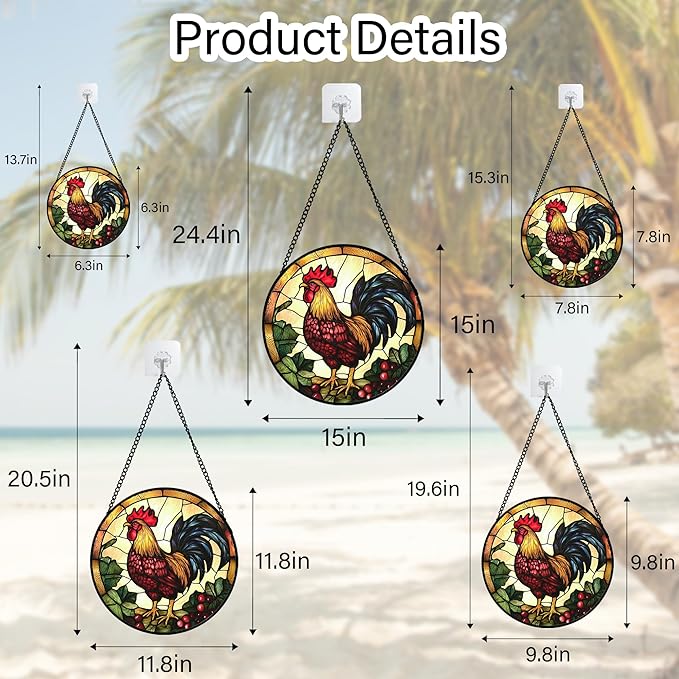 AMDERVEN Stained Glass Window Hanging, Colorful Big Cock Sun Catcher for Window Door Home Decor, Chicken Suncatcher Christmas Mother's Day Birthday Gifts for Women Men Mom and Nana 11.8 in