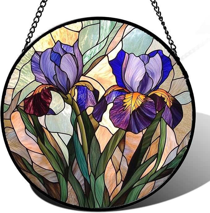 HWRHTR Stained Glass Window Hanging, Purple Blue Iris Birth Flower Suncatcher for Doors Garden Yard Sun Catchers Decor Christmas Mother's Day Birthday Gifts for Teacher Women Mom Nana Wife 15 in