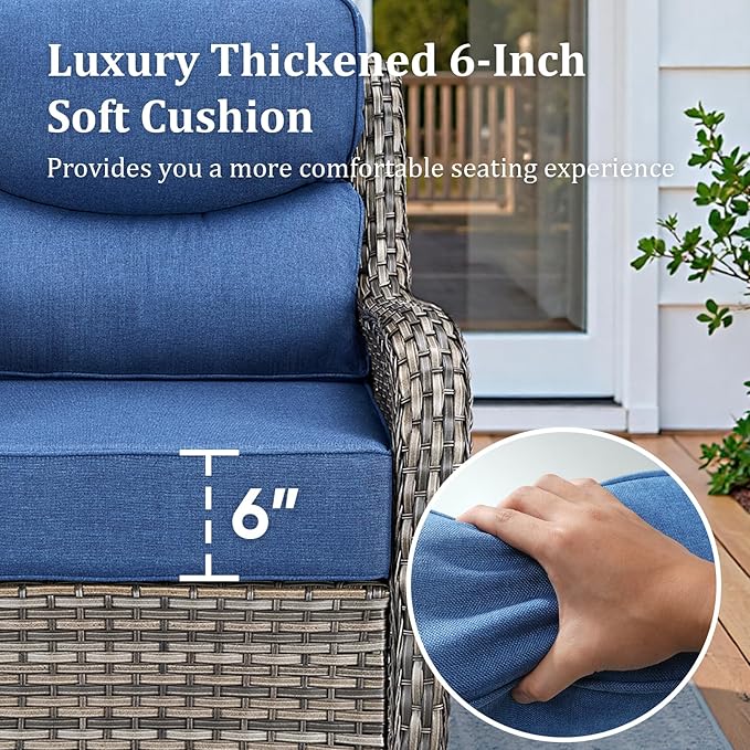 Luxury High Back Patio Furniture Set with 6-Inch Thick Cushions, 7-Pieces Outdoor Furniture with Swivel Chairs, Wicker Conversation Set for Porch, Balcony, Deck and Yard, Grey/Blue