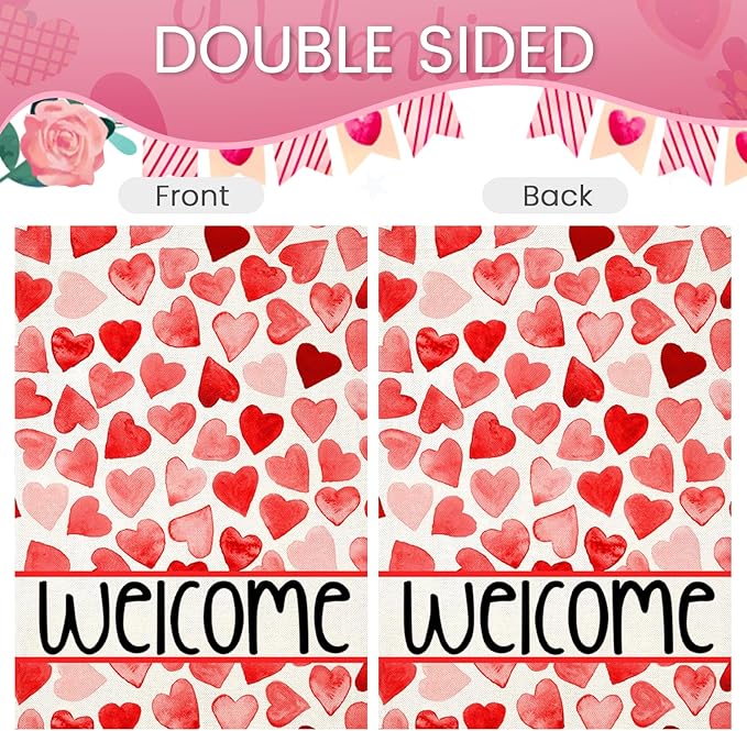 Welcome Love Hearts Garden Flags for Outside Decoration, Valentines Love Hearts Small Yard Flag, Anniversary Wedding Seasonal Farmhouse Holiday Outdoor Decor 12x18 Inch Vertical Double Sided