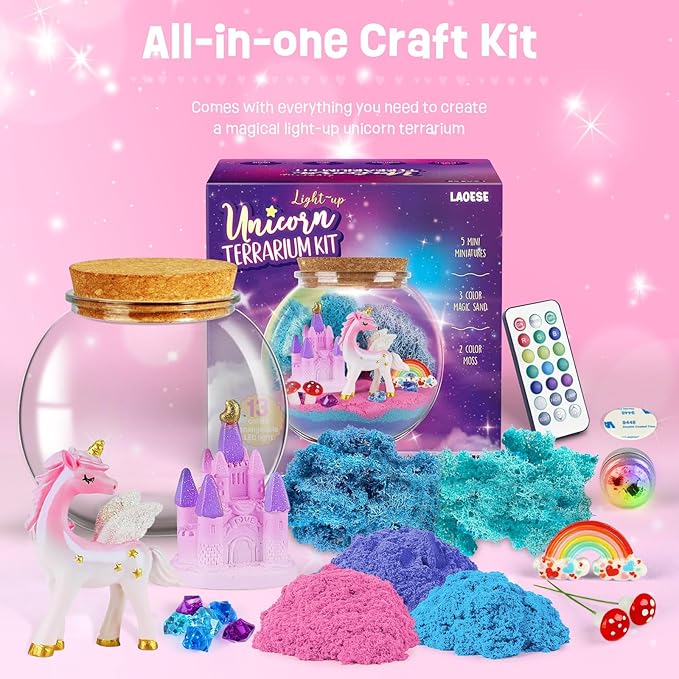 LAOESE Unicorn Gifts for Girls - Light Up Terrarium Kit for Kids - DIY Unicorn Toys for Girls Age 4 5 6 7 8-12 Year Old, Arts and Crafts Kit for Kids, Christmas Halloween Birthday Gifts