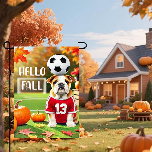 Hello Fall Garden Flag Bulldog Soccer Ball Pumpkins Autumn Leaves Outdoor Decor Flag 12x18 Inch Double Sided Garden Flag For Front Porch Lawn Patio Seasonal Home Decoration For Outside