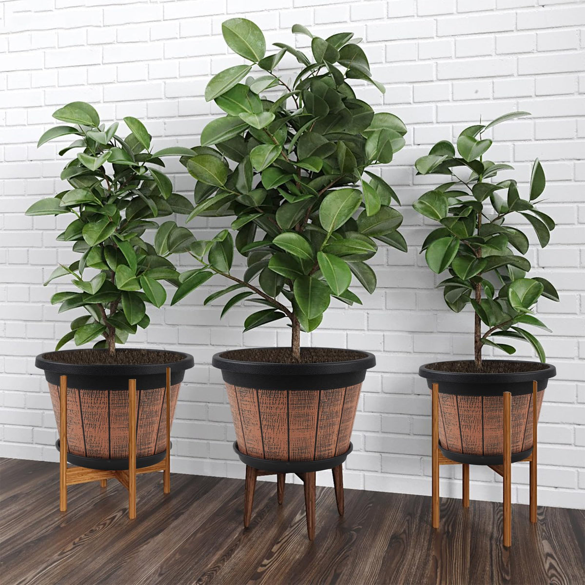 4 Pack 14 inch Plant Pots,Whiskey Barrel Planters with Drainage Holes