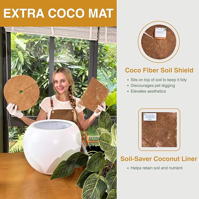 KUTE NEST 16”H x 20”D Globo Fiberstone Round Planter with Drainage Hole, Smooth Finishes, Weather Resistant for Indoor and Outdoor Use, Included 2 Extra Coco Mats (Kilim Beige, 13.5” Pot Opening)