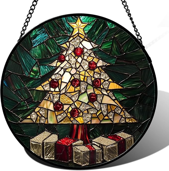 HWRHTR Stained Glass Window Hanging - Golden Christmas Tree Suncatcher for Doors Home Christmas Decoration Winter Sun Catcher Thanksgiving New Year Birthday Gifts for Women Men Mom Nana Girl 6.3 in