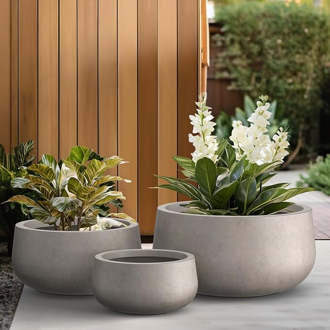 Kante 19.6",15.7",11.8" Dia Round Concrete Planters Set of 3, Outdoor Indoor Large Plant Pots with Drainage Hole, Modern Curvaceous Design, Weathered Concrete