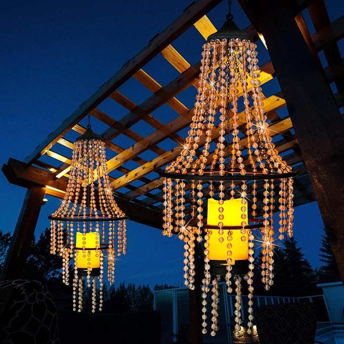 Hanging Candle Lantern Outdoor, 28” Battery Operated Modern Clear Acrylic Crystal Chandeliers with Flickering Yellow Led Candle Light S Hooks for Garden, Backyard, Gazebo, Room Indoor Indoor Decor