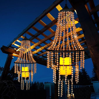 Hanging Candle Lantern Outdoor, 28” Battery Operated Modern Clear Acrylic Crystal Chandeliers with Flickering Yellow Led Candle Light S Hooks for Garden, Backyard, Gazebo, Room Indoor Indoor Decor