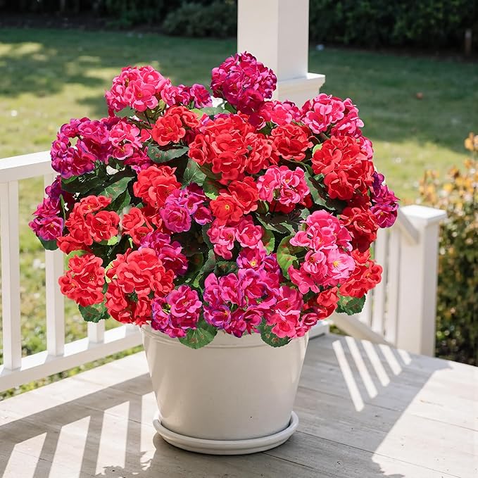 Artificial Geranium Fake Flowers for Outdoors Decoration, 6 Bundles Silk Geraniums Flower UV Resistant Look Real Faux Plants for Front Door Garden Porch Planter Patio Balcony Yard Indoor Home, Mix