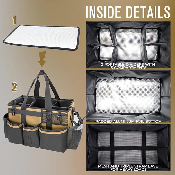 Wearable Cleaning Caddy Organizer with Handle & Shoulder Straps for Housekeepers, Under Sink & Car Cleaning Tool Organizer Bag with 4 Foldable Dividers (Tan)