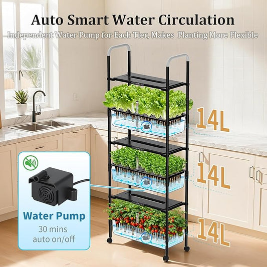 Hydroponics Growing System Kit, 81 Pods Vertical Indoor Herb Garden with Smart LED Grow Light, Auto Circulating Water Pump Each Tier, 42L Hydroponic Gardening Systems for Ideal Gifts (Black)