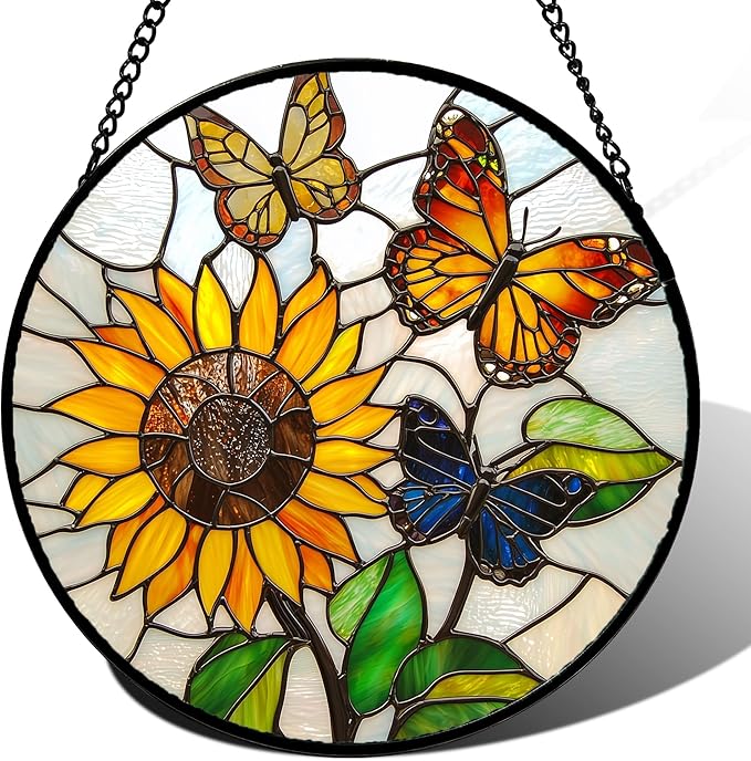 Stained Glass Window Hanging, Butterfly and Sunflowers Sun Catchers Glass Panel Plant Insects Suncatcher Decor for Birthday for Women, Men, Wife, Aunt, and Mom 14.9x14.9 in