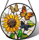 Stained Glass Window Hanging, Butterfly and Sunflowers Sun Catchers Glass Panel Plant Insects Suncatcher Decor for Birthday for Women, Men, Wife, Aunt, and Mom 14.9x14.9 in