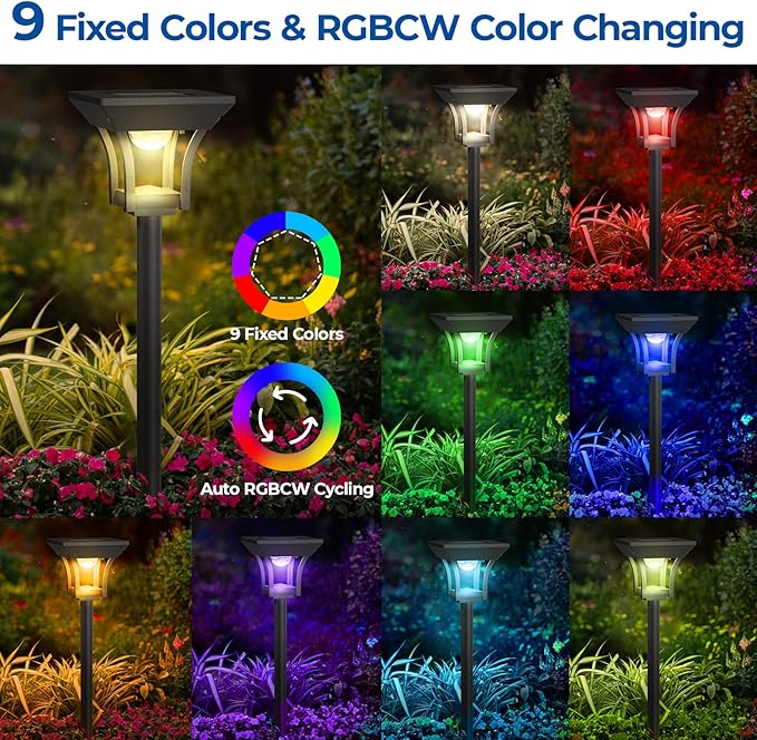 CINOTON 12 Pack RGBCW Solar Pathway Outdoor Lights, 3 Lighting Modes Solar LED Garden Lights, IP65 Waterproof Outside Solar Powered Landscape Lighting for Planter Lawn Pool Balcony RGB/Warm/Cold White