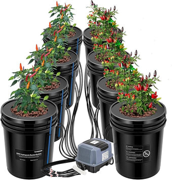 VIVOSUN DWC Hydroponics Grow System with Top Drip Kit, 5-Gallon Deep Water Culture, Recirculating Drip Garden System with Multi-Purpose Air Hose, Air Pump, and Air Stone (8 Buckets + Top Drip Kit)