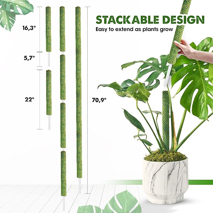 Duspro Green Stackable Mesh Moss Pole for Climbing Vines, Supporting Monstera Trellis, Extendable Plant Pole Moss Sticks, Potted Plant Stakes (4 Pack, 71'')
