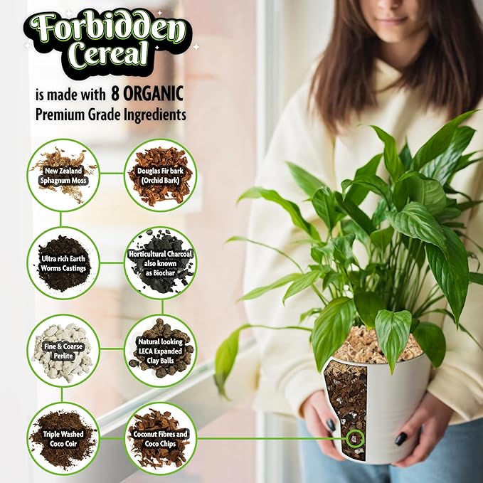Forbidden Cereal Soilless Houseplant Potting Mix - Chunky Soil for Aroid Tropical Plants & Flowers - 8 Ingredients, No More Overwatering, Versatile Moisture Retention, Peat Free & Organic - 6.5QT Bag