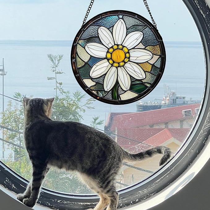 HWRHTR Stained Glass Window Hanging - Yellow White Daisy Birth Flower Suncatcher for Door Garden Yard Sun Catchers Decor Christmas Mother's Day Birthday Gifts for Teacher Women Mom Nana 7.8 in