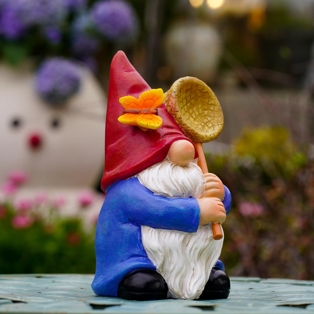 Garden Gnome Statue with Butterfly Net, Garden Decor
