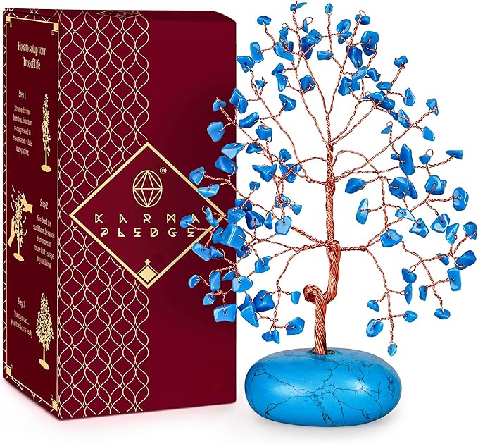 KARMAPLEDGE Crystal Tree of Life Home and Office Feng Shui Decor, Turquoise Healing Crystal Handmade Bonsai Tree for Positive Energy, Good Luck, Money, Christmas Decor, Birthday Gifts for Women, Mom