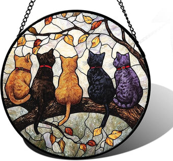 Stained Glass Window Hanging - 5 Cats on a Branch Suncatcher for Window Doors Home Decoration and Christmas, Mother's Day Father's Day Birthday Gifts for Women, Men, and Mom 7.8x7.8 in