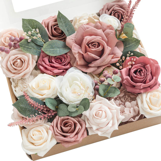 Ling's moment Fake Flowers Box, Cinnamon Rose & Ivory Grand Combo