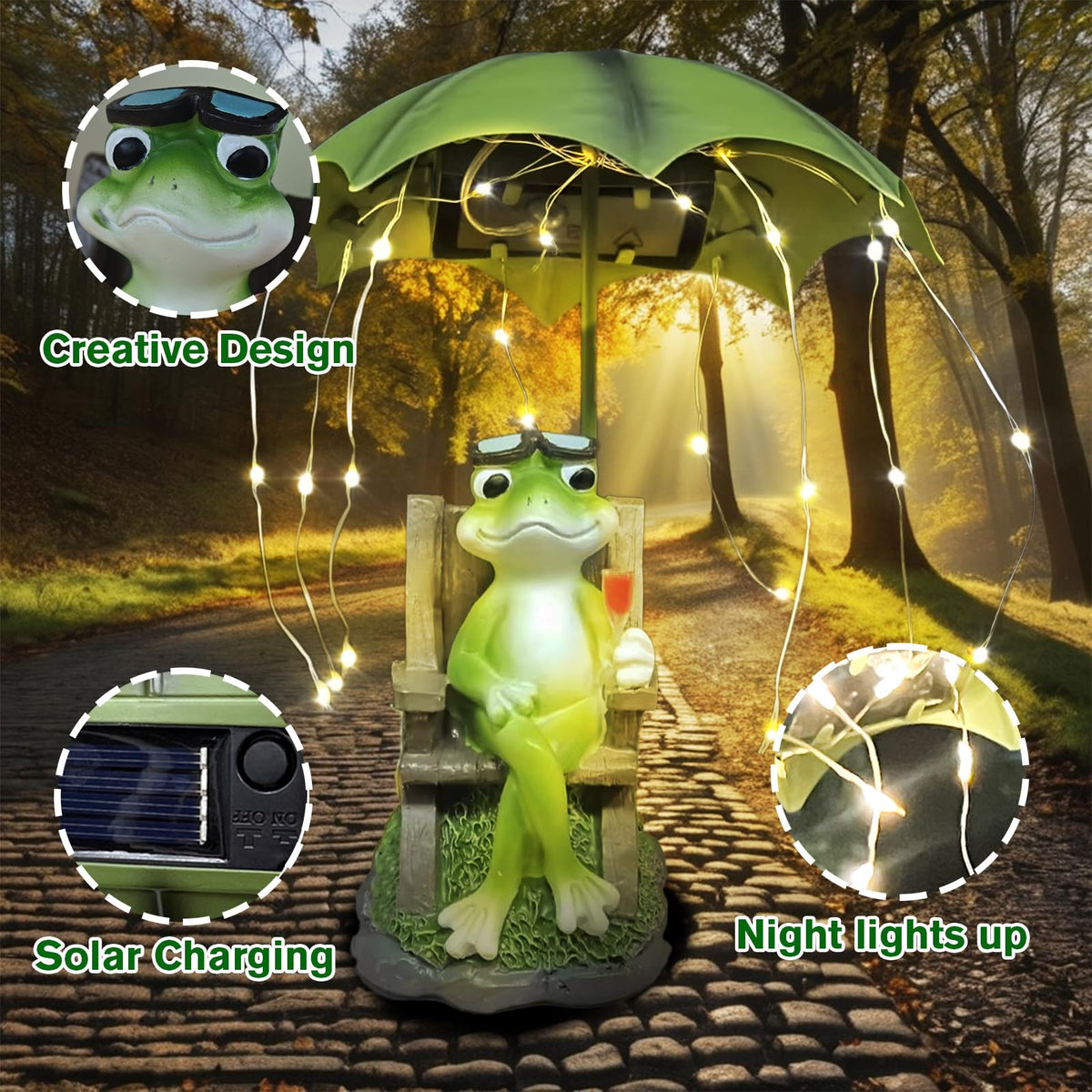 ASDFG Solar Red Wine Frog Statue Umbrella LED Lantern Waterproof Yard Decor