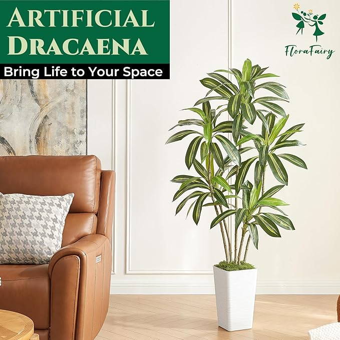 6FT Artificial Dracaena Tree with White Planter and Fake Moss - Real Touch Faux Plant for Home & Office Decor, Lifelike Yucca Indoor Realistic Floor Tree, Lightweight Potted Plants
