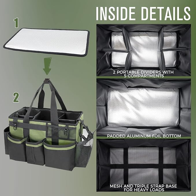 Wearable Cleaning Caddy Organizer with Handle & Shoulder Straps for Housekeepers, Under Sink & Car Cleaning Tool Organizer Bag with 4 Foldable Dividers (Green)