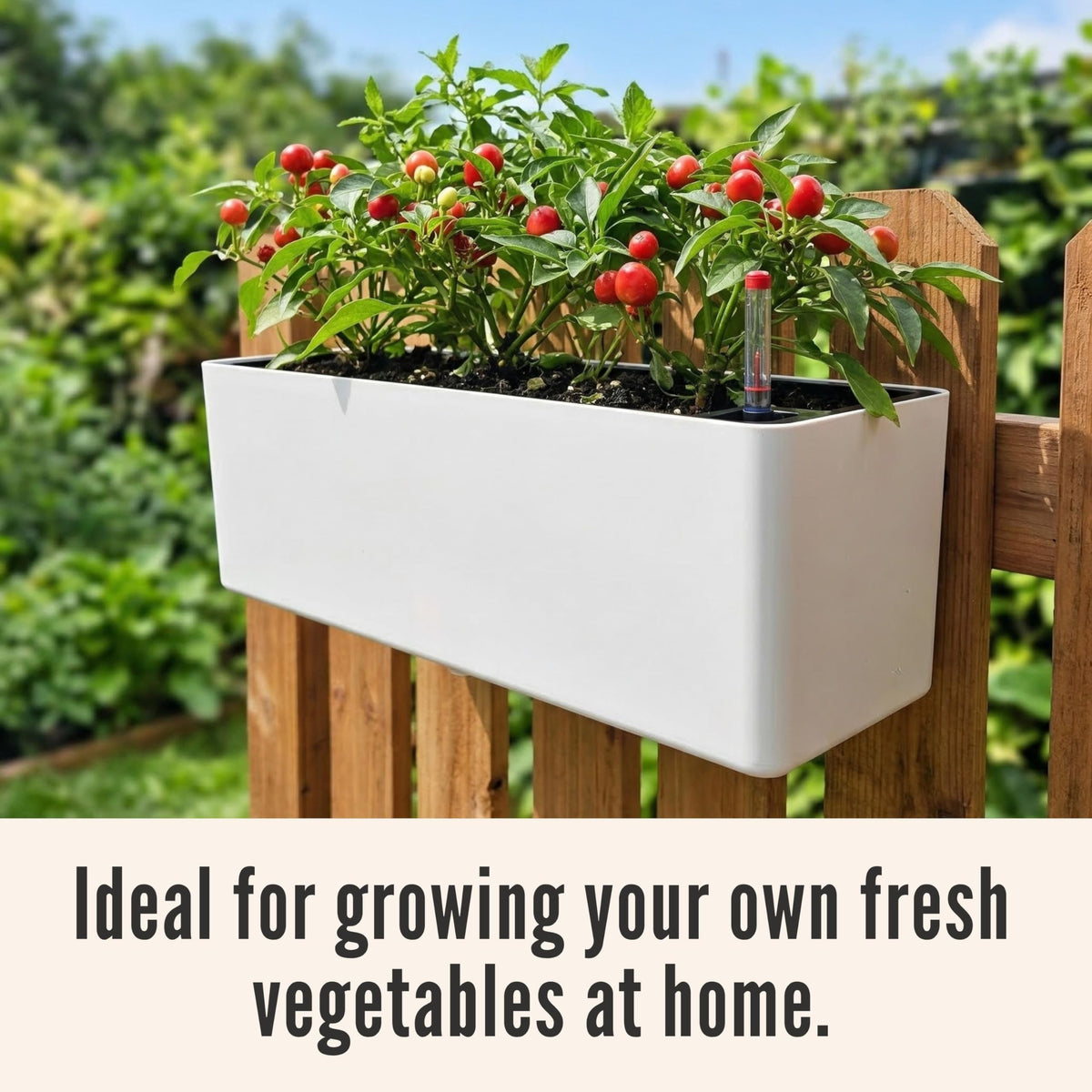 LaLaGreen Balcony Flower Boxes Over the Rail (16 Inch, 4 Pack) White Rectangular Self-Watering Railing Planters with Metal Brackets, Plastic Window Box for Outdoor Plants Herbs Deck Fence Garden