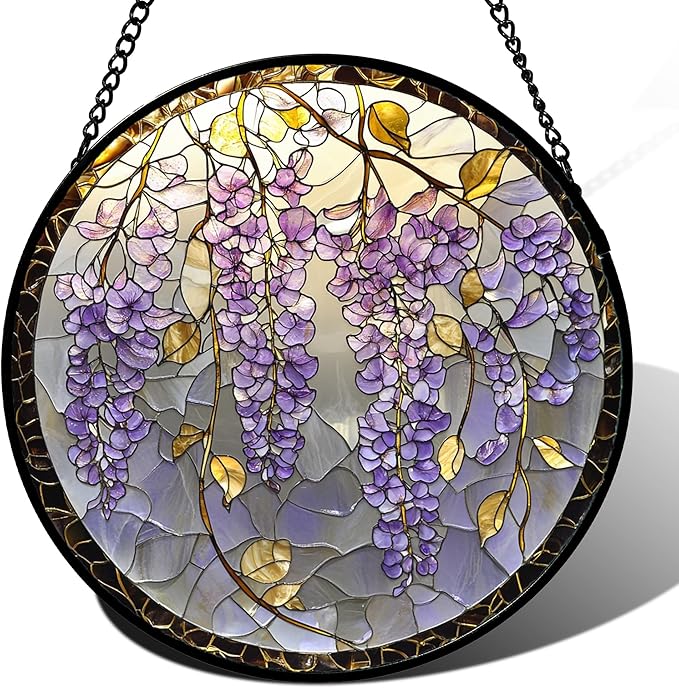 AMDERVEN Stained Glass Window Hanging - Wisteria Flower Golden Leaves Sun Catcher for Door Home Decor Plant Suncatcher Christmas Mother's Day Birthday Gifts for Women Men Lovers Mom Nana 15 in