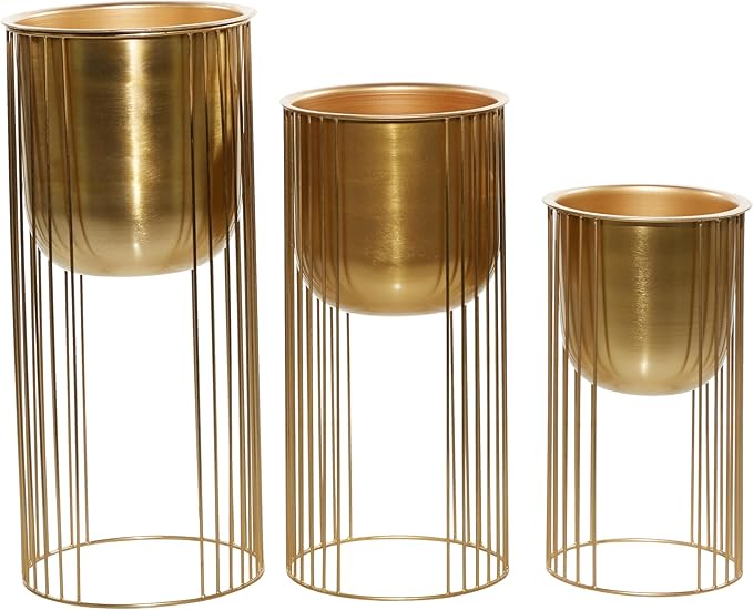 Deco 79 Metal Indoor Outdoor Planter Deep Recessed Dome Large Planter Pot with Elevated Caged Stand, Set of 3 Planters 24", 20", 16"H, Gold