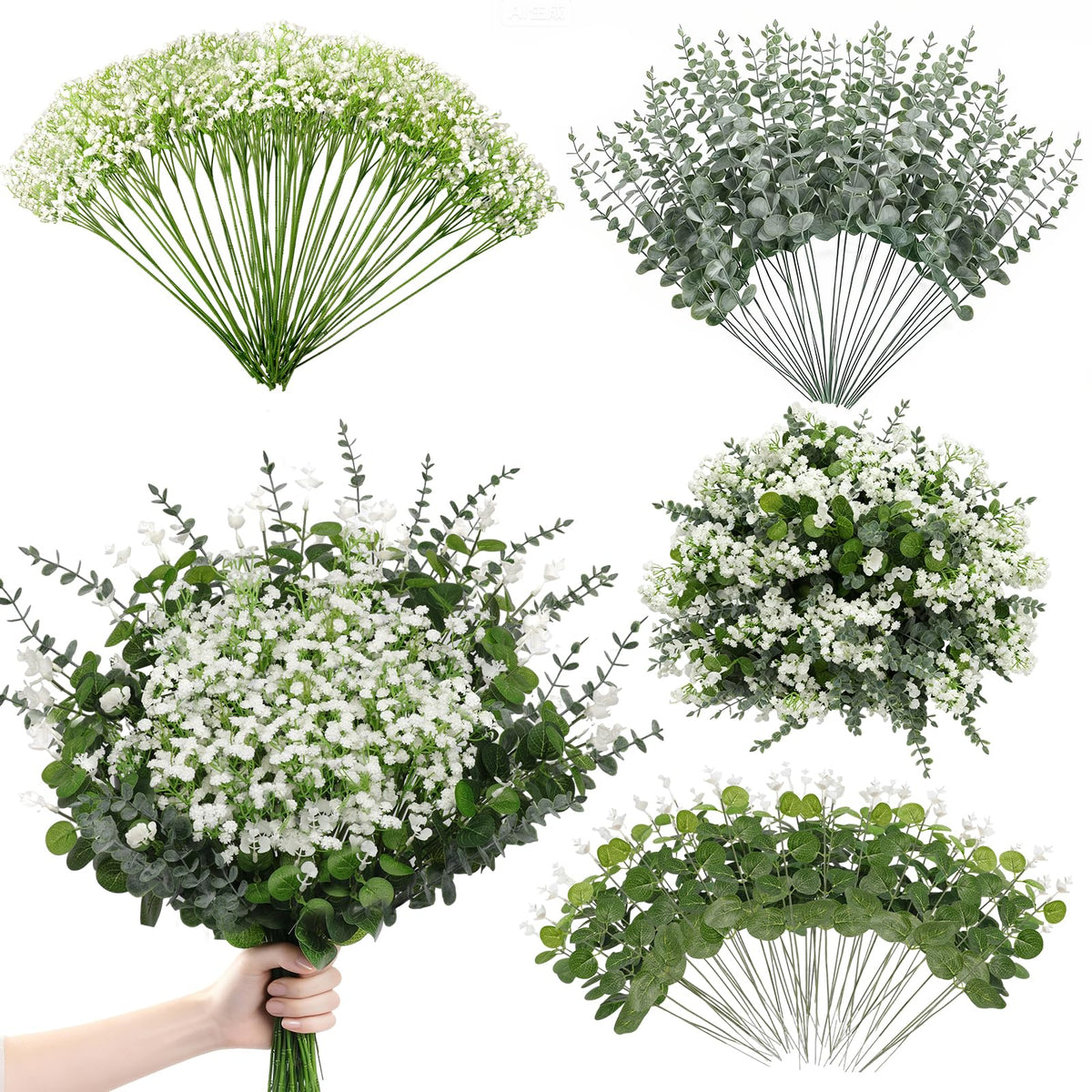 Suaycy 110pcs Mixed Greenery Artificial Eucalyptus Stems & Baby's Breath