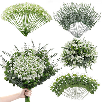 Suaycy 110pcs Mixed Greenery Artificial Eucalyptus Stems & Baby's Breath