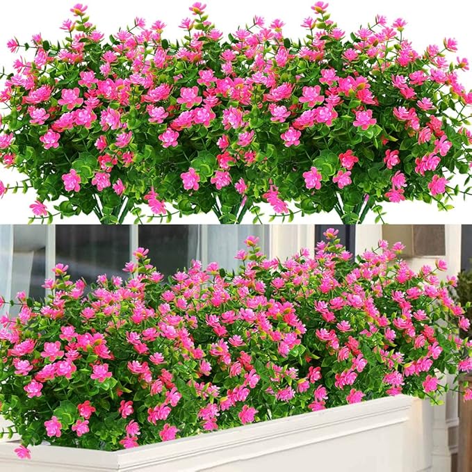 ArtBloom 24 Bundles Outdoor Artificial Flowers UV Resistant Fake Boxwood Plants, Faux Greenery for Indoor Outside Hanging Plants Garden Porch Window Box Home Wedding Farmhouse Décor (Pink)
