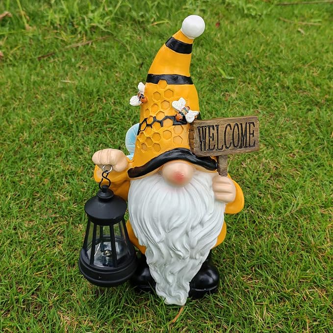 Maikall Rish Gnome Garden Statues with Solar Lights Outdoor Gnomes Sculpture Yard Patio Decor for Lawn Ornaments Gardening Gifts（Bee Gnome
