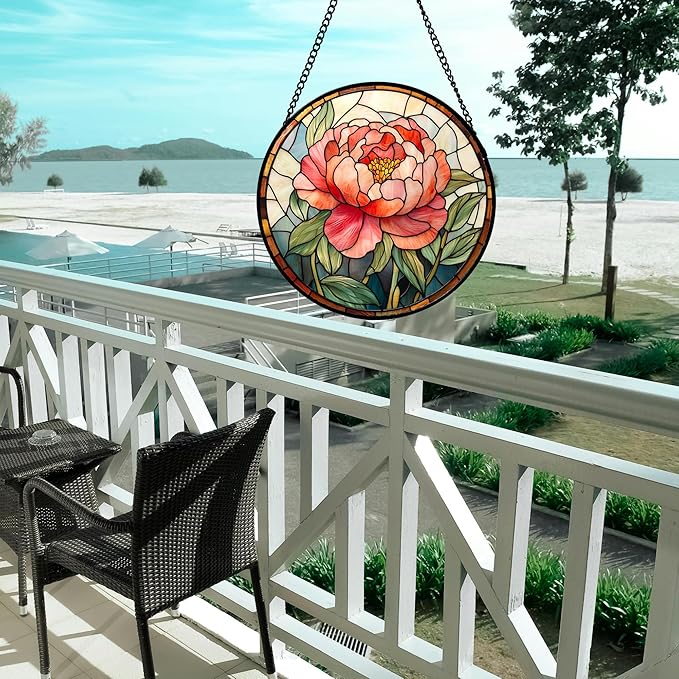 HWRHTR Stained Glass Window Hanging - Pink Peony Floral Suncatcher for Door Garden Yard Birth Flower Sun Catchers Decor Christmas Mother's Day Birthday Gifts for Women Mom Nana Wife Teacher 9.8 in