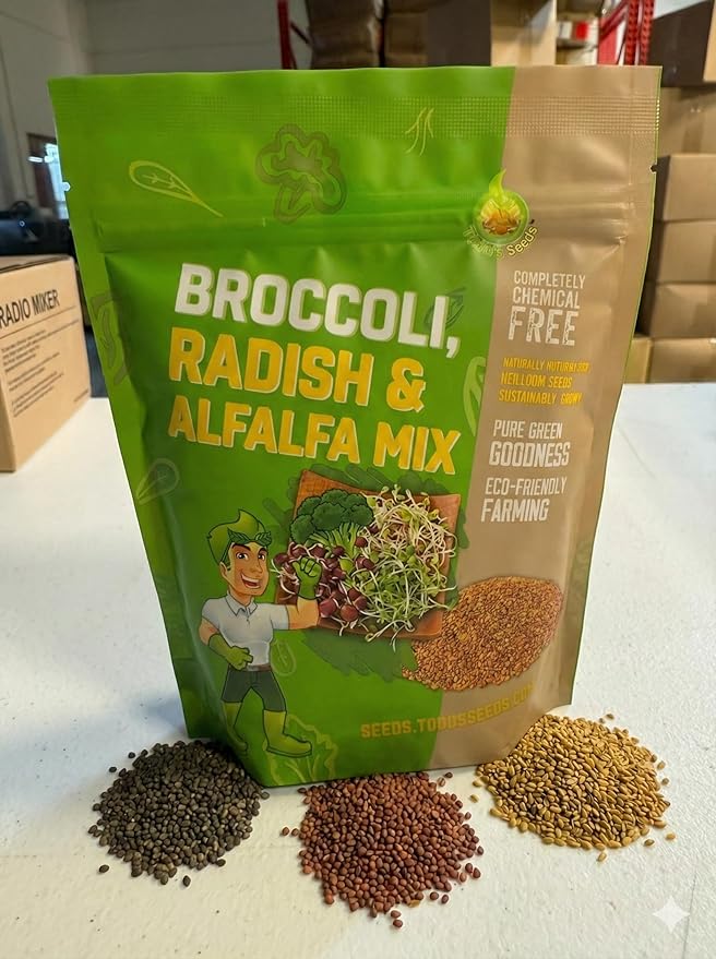 Todd's Seeds Sprouting Seed Mix; Broccoli, Radish, Alfalfa, Non-GMO, Chemical Free, High Germination (One Pound)