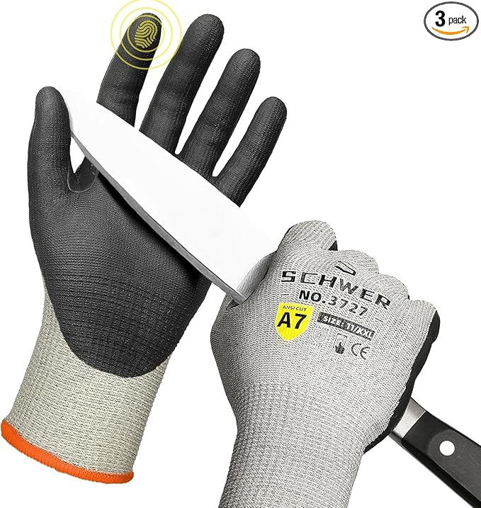 3 Pairs High Level Cut Resistant Work Gloves for High Risk Work, ANSI A7 Cutting Gloves with Reinforced Thumb, Used for WoodWorking, Construction, Non Slip, Durable, Breathable & Cool, XXL, PR3727