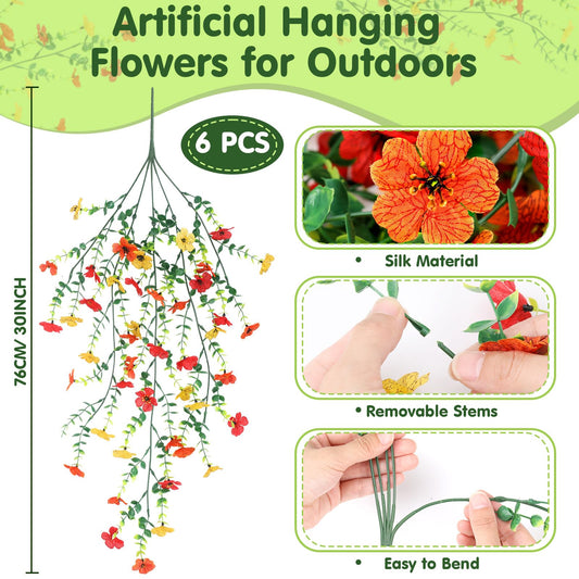 FineCheer 6 Pcs Fall Artificial Hanging Flower Outdoor, Red, Yellow, Orange