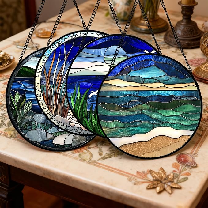 Stained Glass Window Hanging 4 Pcs Set Navy Blue Ocean Landscape 7.8" - Suncatcher Door Garden Sun Catcher Decor Birthday Mother's Day for Mom Woman Nana Girl Boy Friend
