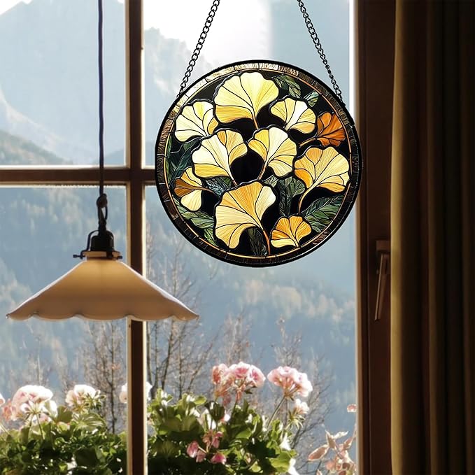 Stained Glass Window Hanging - Ginkgo Leaf Suncatcher for Doors Garden Patio Retro Fall Decor Sun Catchers Christmas Mother's Day Birthday Gifts for Women Men Mom Nana Friend 11.8 in