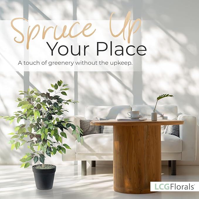 LCG Florals 4ft Ficus Tree in Black Pot with Real-Wood Trunk - Indoor and Outdoor Faux Plants for Patio, Living Rooms, Offices & Outdoor Spaces