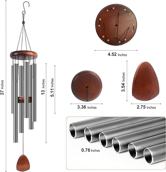 Bursvik Large Aluminium Wind Chimes 37 Inches to Create a Zen Atmosphere Suitable for Outdoor, Garden, Patio Decoration. Classic Wind Chimes with Wind Catcher Suitable as A Gift for Unisex,Silver Grey