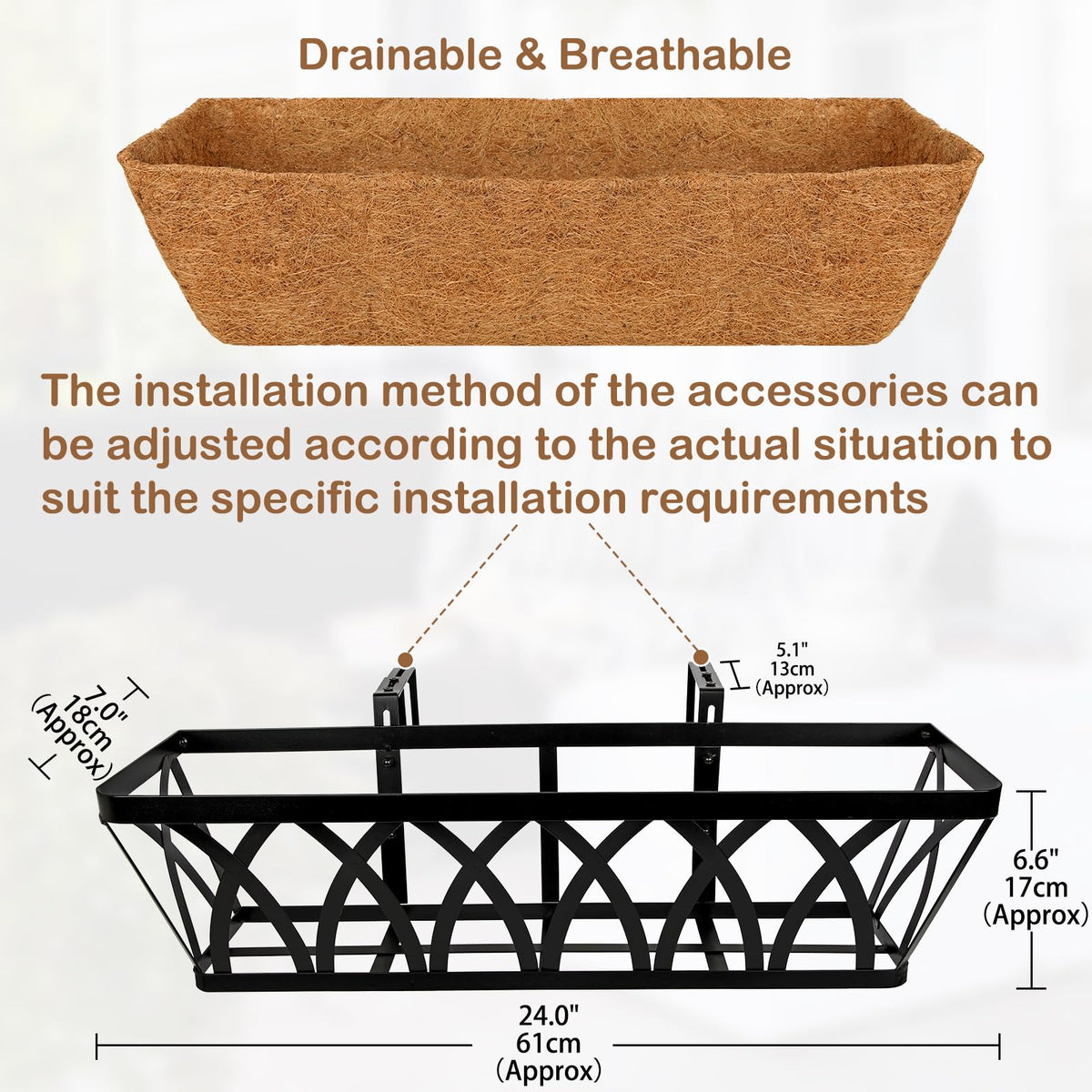 24 Inch Window Box Planter with Coco Liner for Hanging Outdoor Plants