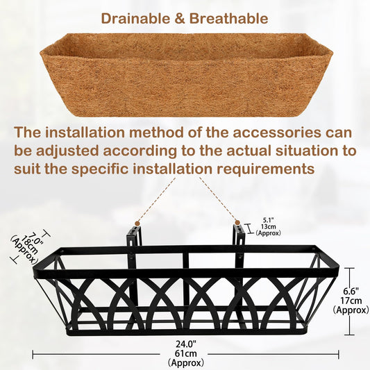 Nature Crafted 24 Inch Window Box Planter with Coco Liner for Hanging Outdoor Plants, 4 Pack Railing Planter Boxes with Adjustable Brackets for Balcony Deck Porch & Patio Garden Decor, Black