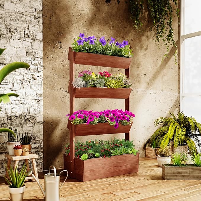 Wooden Vertical Raised Garden Bed, 4 Tier Garden Planters Raised Beds Freestanding Plant Stand Flower Rack Wooden Planter Box for Plants Herbs Flowers Vegetables Outdoor Indoor Gardening