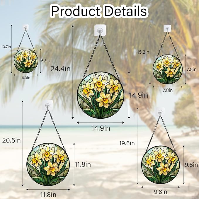 DASTOLL Stained Glass Window Hanging, Daffodil Plant Flowers Sun Catchers Diamond Glass Panel Hangings Suncatcher Decor for Birthday for Women, Men, Wife, Aunt, and Mom 14.9x14.9 in