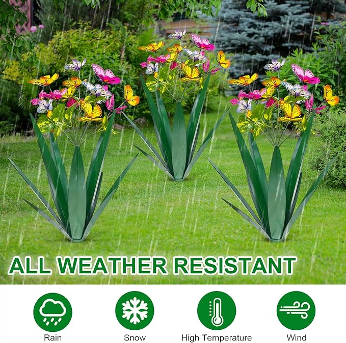 TOMBABY Garden Outdoor Butterfly Enlarge Thickened Wind Resistant Metal Agave Garden Art Metal Plant Country Sculpture Statue Decorations Ornaments Artificial Waterproof Butterflies(Green 3pcs)