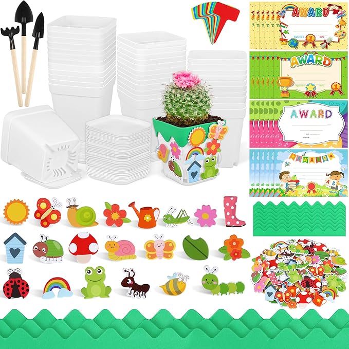 Elcoho 36 Set Garden Plastic Pot Craft Kit Plant Spring Craft Kits for Kids Flower Pots with 150 Foam Stickers 36 Labels 24 Certificate of Awards 3 Tools Planting Growing Kit for Kids, White